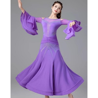 Lavender blue competition ballroom dance dresses for women girls hollow shoulder flare sleeves waltz tango rhythm performance costumes for female